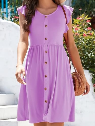 Lamilus Women's Casual Summer Ruffle Sleeve V-Neck Button Down A-Line Swing Dress 