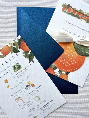 wedding suite with invitation card and weekend timeline card