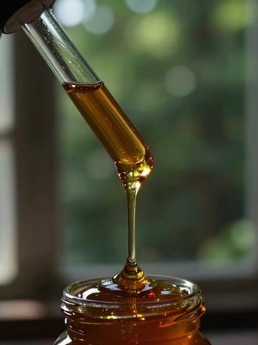 Macro close-up of dark amber honey dripping from a glass dropper, moody low-key natural light, soft side-lit window sun, rich shadows, forest green background.