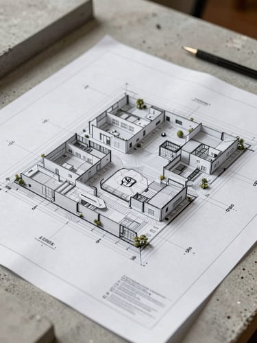 Detailed architectural blueprint of a civic master plan overlaying a concrete model, technical lines, precise drafting context, sharp daylight.