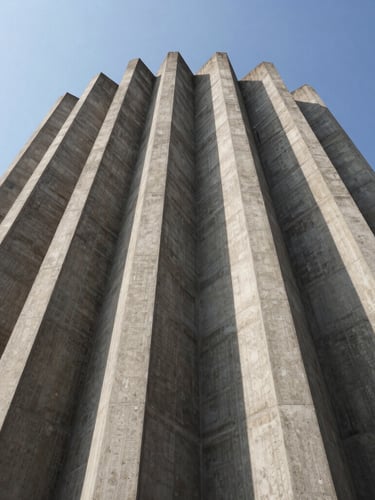 Dramatic low-angle perspective shot of a monumental civic concrete facade in Northern India, crisp high-contrast daylight, sharp geometric shadows, clean sky.