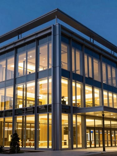 Wide-angle architectural dusk photography of a modern banking headquarters, warm interior lights glowing through massive glass and steel panels, deep blue twilight sky.