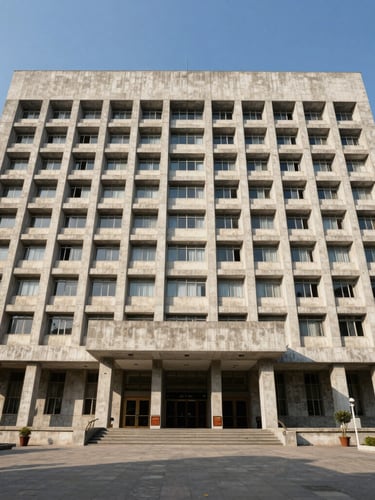 Dramatic wide-angle architectural photograph of a massive concrete civic headquarters in Dehradun, strong geometric shadows, bright daylight