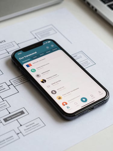 Vista macro y cenital de un diagrama de flujo transaccional impreso sobre un escritorio blanco y limpio, con un dispositivo móvil mostrando una interfaz de usuario financiera de alta fidelidad al lado, iluminación de estudio neutra y nítida.