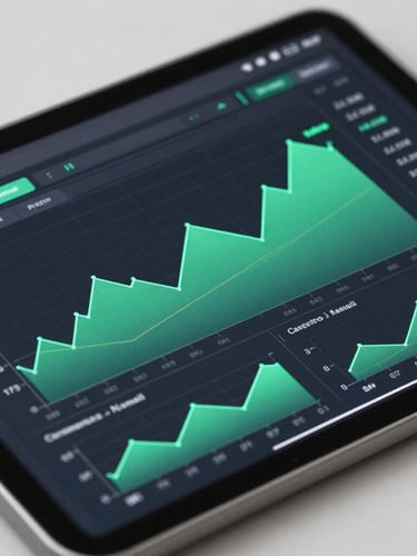 Macro close-up of a high-fidelity interactive wireframe of a financial dashboard on a tablet, clean neutral studio lighting, sharp UI details, sea green active charts.
