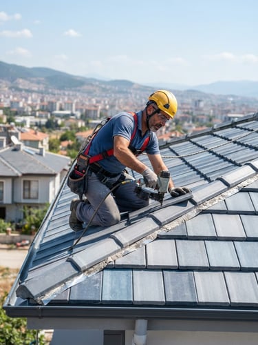 A professional roofer in safety gear working on a modern tile roof in Manisa, bright natural daylight, clean slate gray and blue tones, 35mm lens