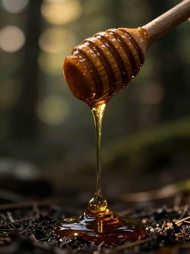 Extreme close-up of thick, dark Riau Acacia honey dripping slowly from a wooden dipper, dramatic low-key lighting with strong side-lit gold highlights mimicking sunlight filtering through forest canopy, dark textured background.