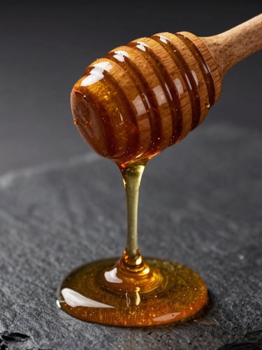 Extreme close-up of dark amber-gold Acacia honey dripping slowly from a rustic wooden dipper, dramatic side-lighting, dark charcoal slate background.