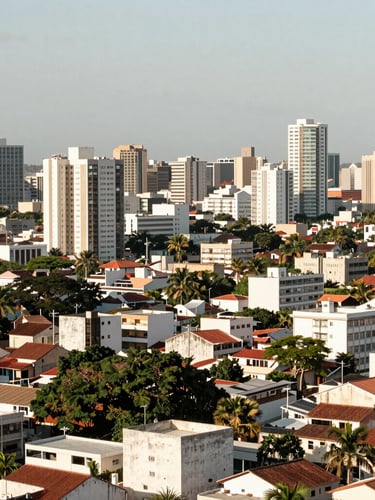 Vista aérea suave de Recife e suas cidades vizinhas, com destaque para a área metropolitana, tons quentes e naturais, luz do dia, limpo e organizado.
