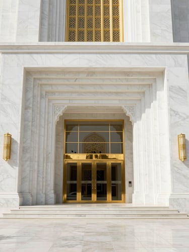 Symmetrical wide architectural shot of a luxurious white marble courthouse entrance in Riyadh, bright natural daylight, polished stone reflecting golden sun rays, elite institutional atmosphere, 35mm lens
