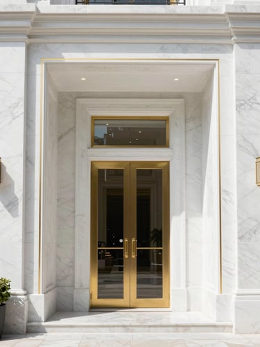 Symmetrical architectural shot of a luxury white marble entryway with gold hairline details, bright natural daylight, editorial photography