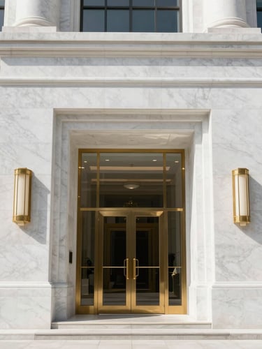 Symmetrical architectural shot of a luxury white marble courthouse entrance, clean lines, bright natural daylight, soft gold reflections, editorial photography