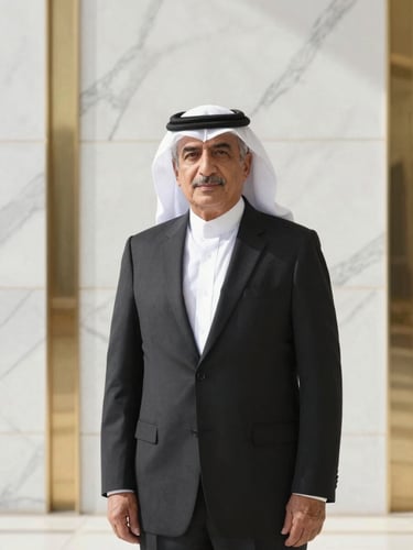 Dignified executive portrait of a senior Arab legal counsel, sharp editorial style, warm lighting, white marble background, burnished gold details, 35mm lens