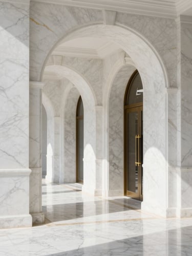 A luxurious white marble entryway of a sovereign palace, bright natural daylight reflecting off polished stone, subtle gold hairline details, minimalist architectural composition.