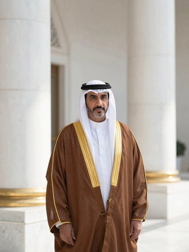 Dignified formal portrait of an executive legal scholar in traditional GCC royal attire, soft natural light reflecting off white marble columns in the background, gold hairline border, elegant architectural framing