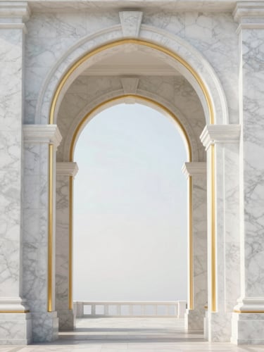 Symmetrical architectural shot of a luxury white marble archway with gold accents, soft diffused morning daylight, editorial photography, 35mm lens