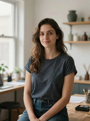 A warm, natural portrait of a small business owner in her brightly lit studio, looking relaxed and confident, soft daylight, medium shot