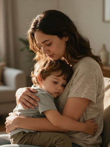 Plano médio de uma mãe abraçando seu filho pequeno na sala de estar iluminada pela luz suave da tarde, transmitindo alívio e segurança, cores quentes e naturais.