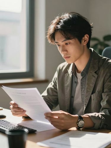 A focused small business owner reviewing documents in a sunlit office, natural warm daylight, medium shot, feeling of relief and clarity.