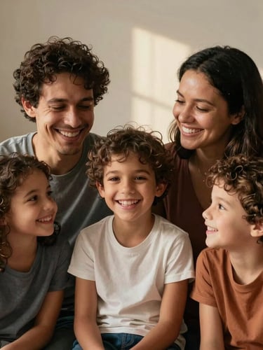 Uma família jovem rindo junta em uma sala iluminada pelo sol da tarde, transmitindo um sentimento de alívio e segurança genuína