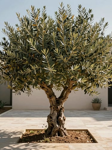 Close-up of a perfectly pruned ancient olive tree in a minimalist suburban Attica garden, warm sunlight, clean stone path