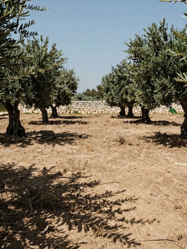 Wide-angle portrait shot of a cleared plot in Attica under bright Mediterranean sunlight, showing clean soil, pruned olive trees, and no dry brush, with a neat stone wall in the background.