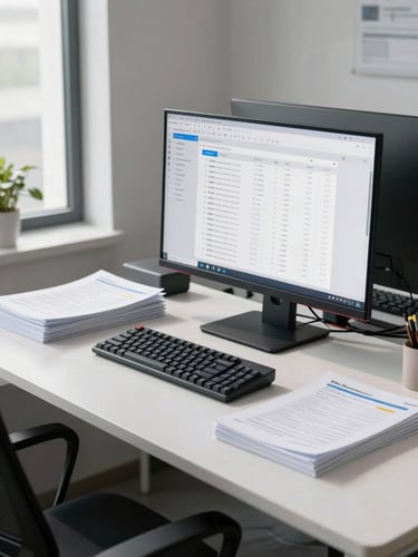 Wide environmental shot of an organised modern office workspace — a clean desk with a large monitor displaying a structured dashboard, printed documentation neatly stacked, a mechanical keyboard, cool north-facing daylight flooding in from the left, no people, everything in its precise place