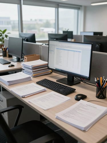 Wide environmental shot of a meticulously organised modern office workspace — monitor displaying a clean dashboard, documents filed in order on a desk, cool north-facing daylight through large windows, no clutter, no people, tools in their proper place