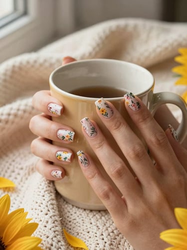 A close-up overhead shot of a hand with beautiful floral press-on nails wrapping around a warm ceramic mug, resting on a soft cream knit blanket with scattered sunflower petals under bright morning window light