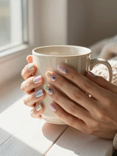 Bright and airy close-up of hands with beautifully painted pastel floral nails holding a warm ceramic mug, soft morning light streaming through a window, cozy knit blanket background.
