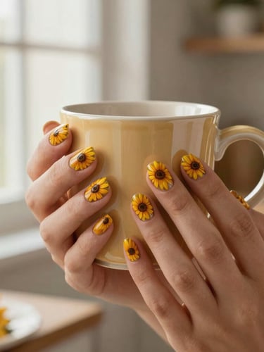 Close-up macro shot of hands with hand-painted sunflower press-on nails holding a warm ceramic mug, soft morning light streaming through a kitchen window, cozy aesthetic.