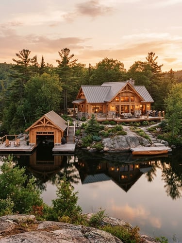 Wide panoramic view of a custom timber-framed cottage with a boathouse, nestled on a Muskoka lake shoreline at golden hour, calm water reflecting the structure, pine trees in the background.