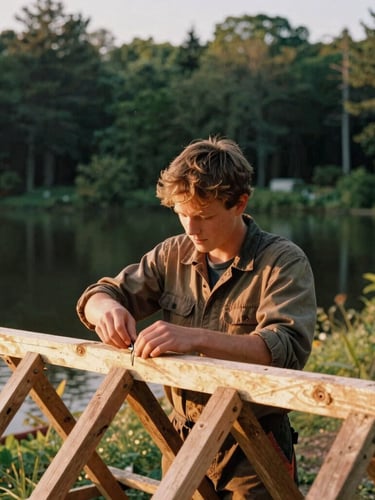 Warm editorial photograph of a young Rick (early 20s) in work clothes, hands-on, repairing a wooden structure at a rustic children's camp by a lake, golden-hour light, 35mm film style.