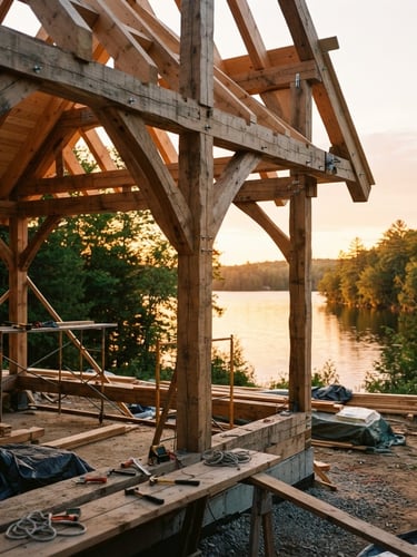 Wide shot of heavy timber framing on a new cottage build site overlooking a calm Muskoka lake at golden hour, shallow depth of field, 35mm film style.