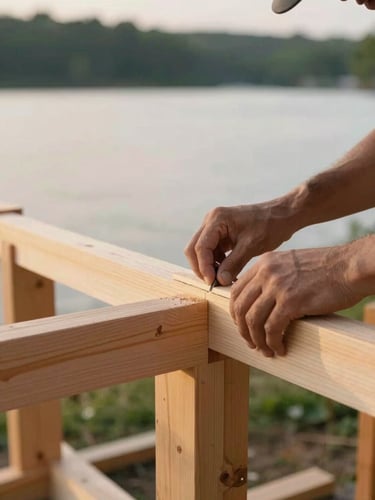 Close-up of skilled hands performing precise wood joinery on heavy timber framing, soft overcast daylight, shallow depth of field.