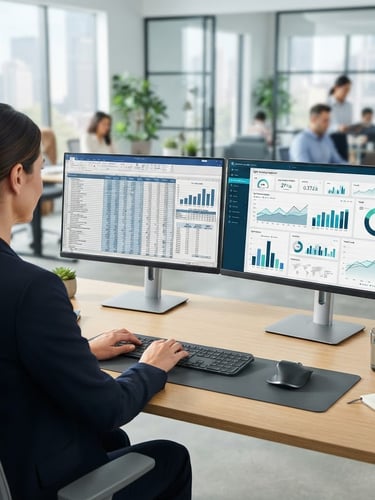 Over-the-shoulder perspective of an organized dual-monitor setup in a bright modern office, left screen showing clean tax spreadsheets, right screen showing digital marketing analytics dashboards, sharp focus, cool slate and blue tones.