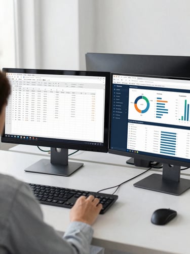 Over-the-shoulder shot of an organized workspace, dual monitors displaying a clean financial spreadsheet beside a marketing analytics dashboard, bright neutral daylight, slate tones