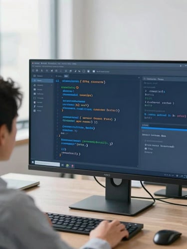 Over-the-shoulder shot of a developer reviewing clean code alongside a real-time analytics dashboard, bright office daylight, cool slate and blue tones, professional depth of field.