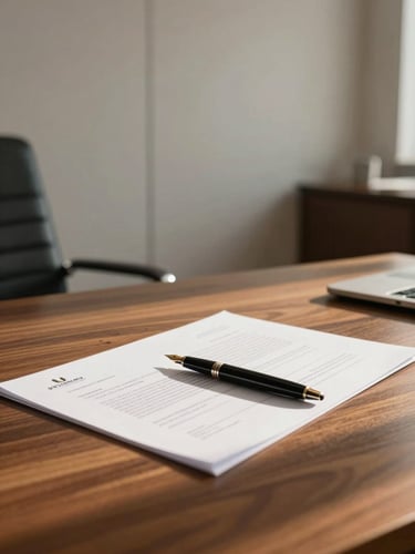 Cinematic wide shot of a premium Saudi corporate office in Riyadh, warm afternoon sun casting soft shadows on a polished wooden desk with high-quality printed contracts, an elegant fountain pen resting on top, clean minimalist background.