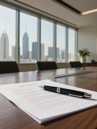 A cinematic, wide shot of a modern, sunlit Riyadh office boardroom, floor-to-ceiling windows showing the city skyline, warm natural daylight filtering in, a luxury fountain pen resting on a detailed commercial contract, absolute prestige.