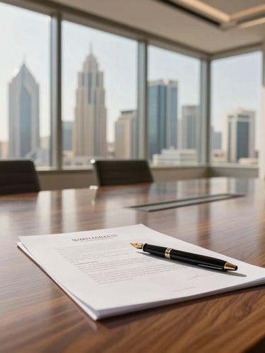 Cinematic wide shot of a modern, sunlit Riyadh boardroom, a polished wooden table reflecting warm light from floor-to-ceiling windows, an elegant fountain pen resting on a signed commercial contract, soft focus on the background architecture of the King Abdullah Financial District.