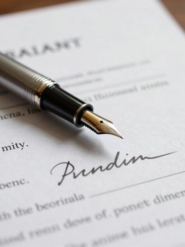 Close-up of a premium fountain pen resting on signed commercial litigation documents, warm natural light, shallow depth of field
