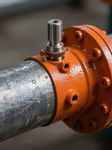 Macro close-up of a proprietary corrosion monitoring probe installed on a heavy steel pipe, showing high-visibility orange coating and technical instrumentation details.