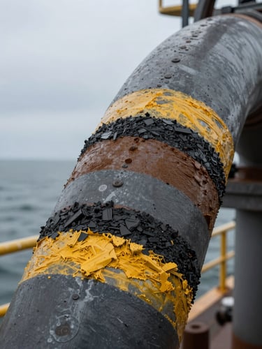 Macro shot of industrial protective coating layers on a heavy steel offshore pipe, high-contrast industrial lighting, focus on material texture, overcast maritime background.