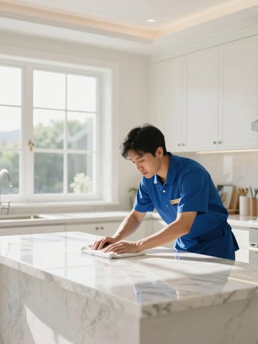 Bright, sunlit luxury kitchen showing gleaming marble countertops, a professional cleaner in a neat blue uniform wiping a surface, natural window light, crisp details, 35mm lens, wide architectural interior.
