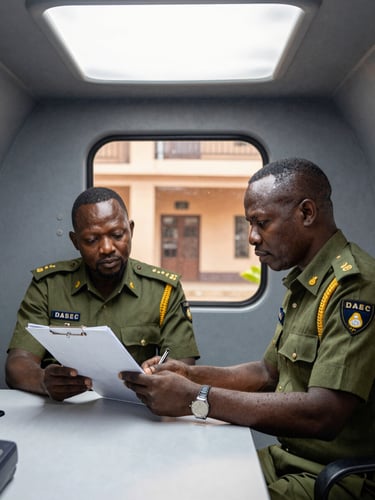 Eye-level documentary shot inside a compact Burundian security briefing room, two uniformed ASEC supervisors reviewing a clipboard at a table, natural overhead light, architectural details visible in background