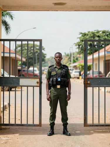 Wide environmental shot at eye level of an ASEC guard in uniform standing at a metal gate checkpoint in Bujumbura, daytime documentary light, street architecture and vegetation visible in background, radio clipped to vest