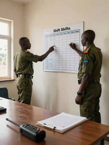 Wide documentary interior of an ASEC briefing room in Bujumbura, two uniformed guards reviewing a shift schedule posted on the wall, natural window light from the left, clipboard and radio on a table in the foreground
