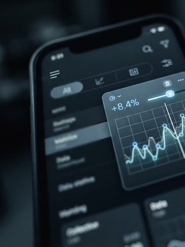 High-fidelity UI/UX close-up of a dark-mode app interface, sharp screen-glow highlights, cool desaturated tones, macro lens, right-aligned to bleed.
