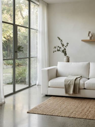 Sunlit minimalist living room with clean line linen sofa, polished concrete floor, and soft morning light, architectural crop.